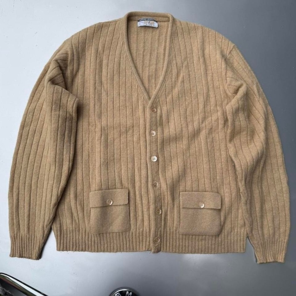 True Vintage 70s Lambswool Tan Revere cardigan grandpa earth tone nirvana cobain